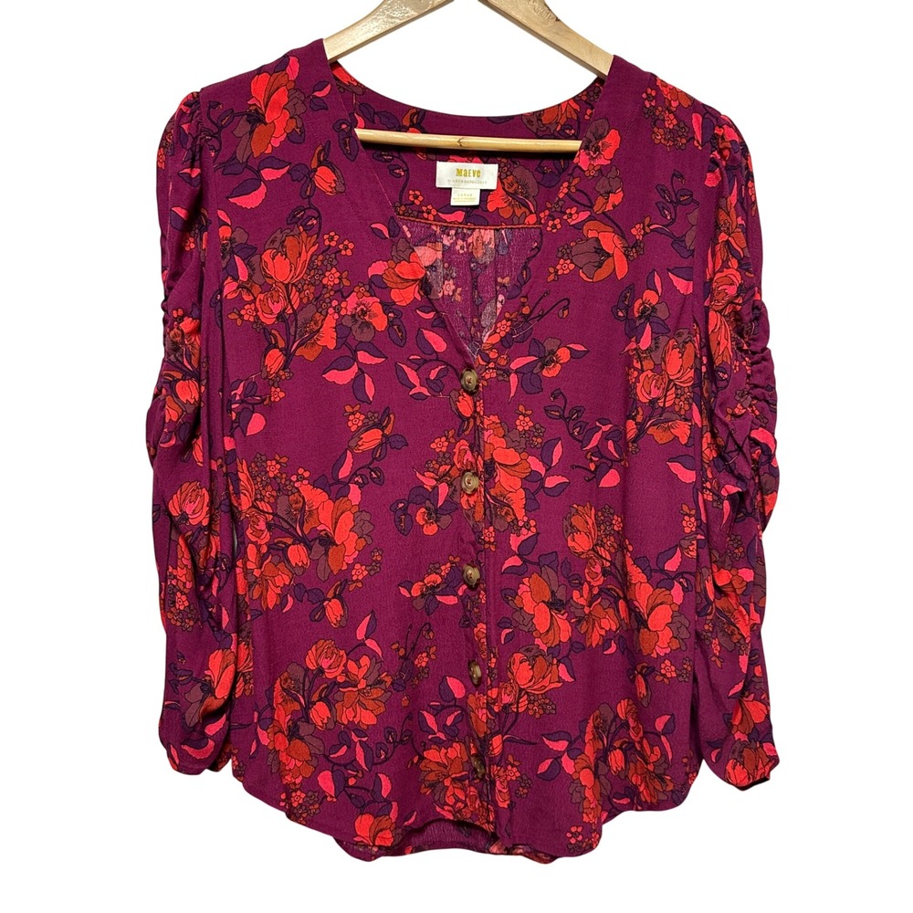 Maeve Anthropologie Fall Floral Blouse Womens Large Magenta Ruched Sleeve Top